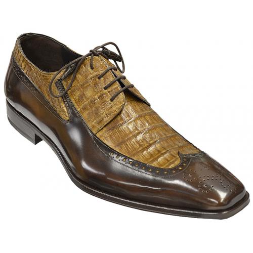 Mezlan "Lassel" Chocolate Brown / Tobacco Genuine Crocodile / Lambskin Wingtip Shoes With Perforation On Toe 13586